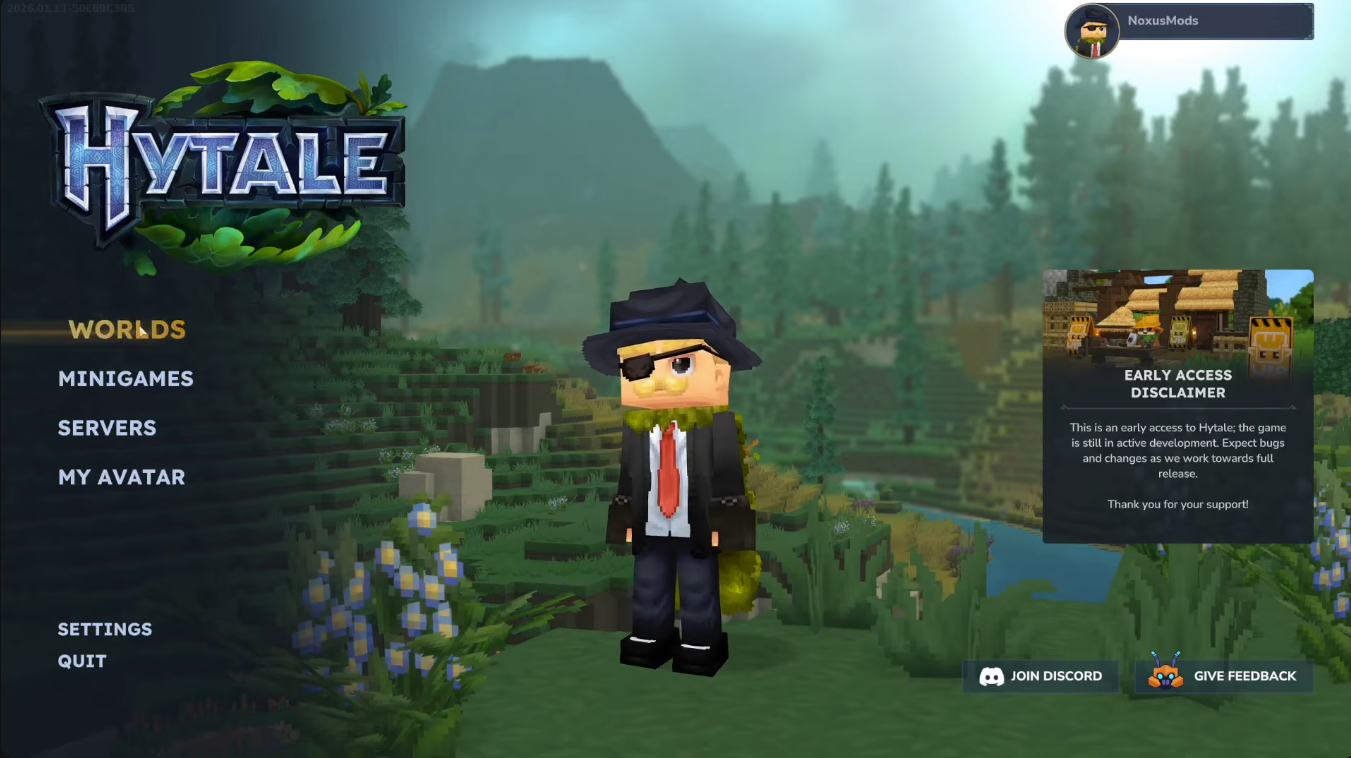 Hytale main menu screen showing the "Worlds" navigation option.