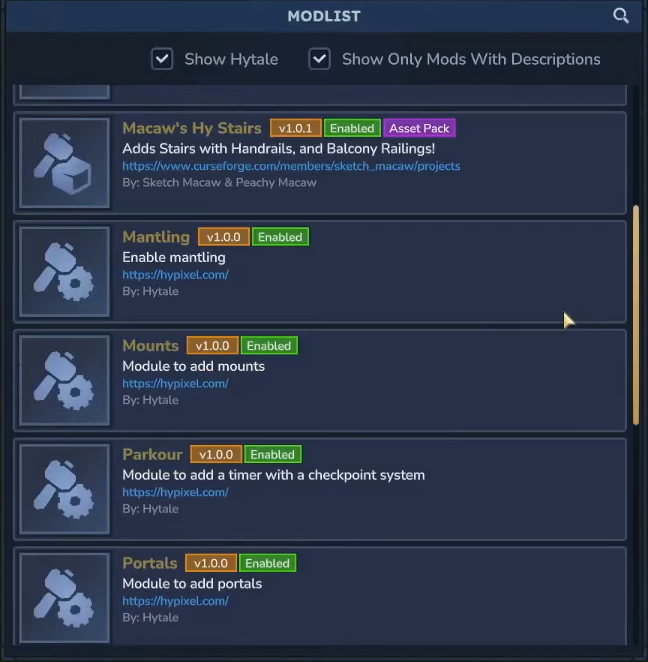Viewing the active in-game Modlist in Hytale, showing enabled modules like "Mantling" and "Mounts."